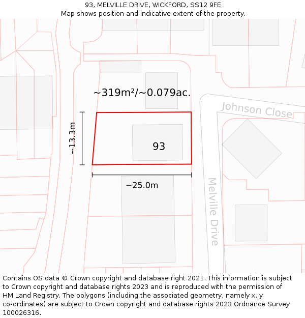 93, MELVILLE DRIVE, WICKFORD, SS12 9FE: Plot and title map