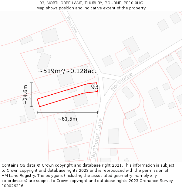 93, NORTHORPE LANE, THURLBY, BOURNE, PE10 0HG: Plot and title map