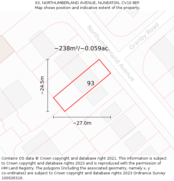 93, NORTHUMBERLAND AVENUE, NUNEATON, CV10 8EP: Plot and title map