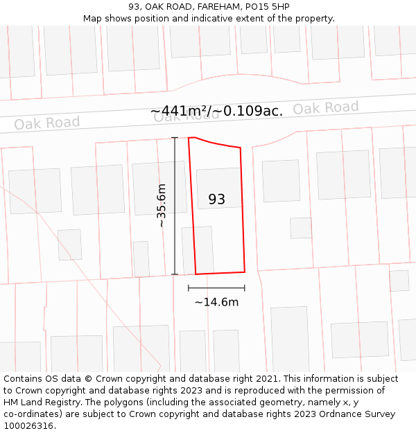 93, OAK ROAD, FAREHAM, PO15 5HP: Plot and title map