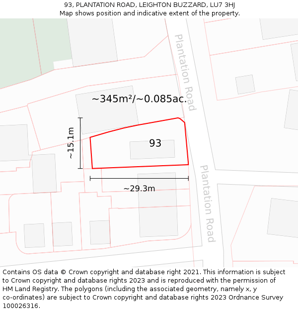 93, PLANTATION ROAD, LEIGHTON BUZZARD, LU7 3HJ: Plot and title map