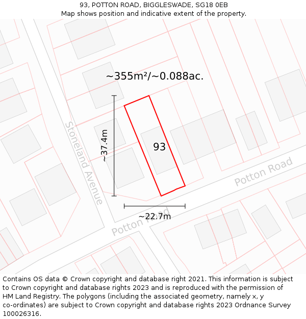 93, POTTON ROAD, BIGGLESWADE, SG18 0EB: Plot and title map