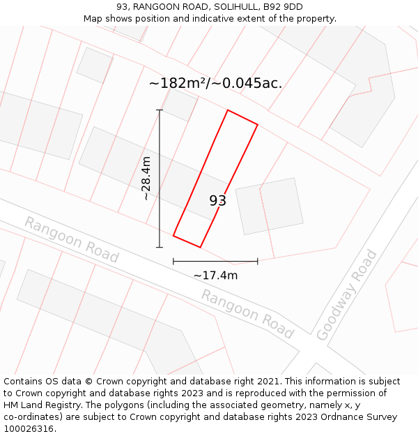 93, RANGOON ROAD, SOLIHULL, B92 9DD: Plot and title map