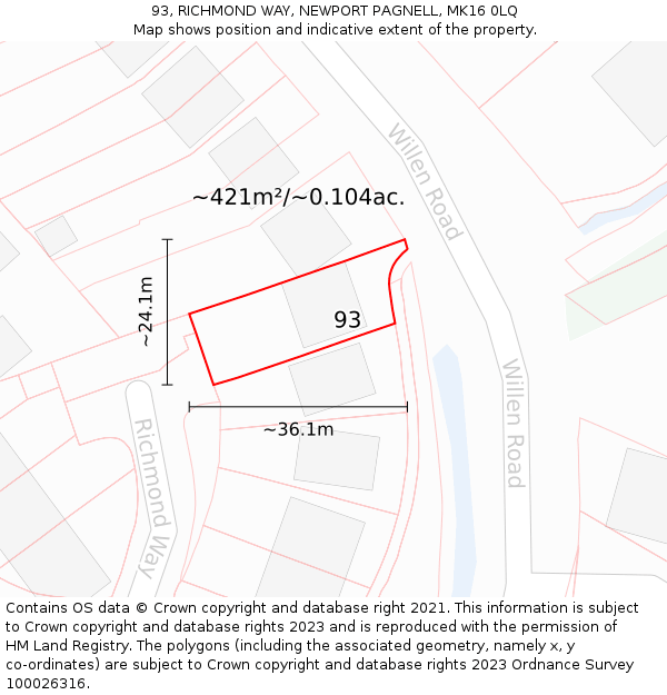 93, RICHMOND WAY, NEWPORT PAGNELL, MK16 0LQ: Plot and title map
