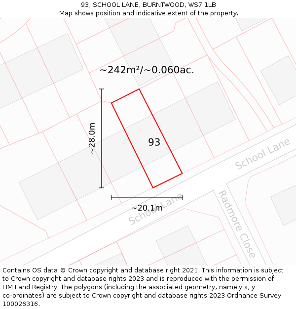 93, SCHOOL LANE, BURNTWOOD, WS7 1LB: Plot and title map