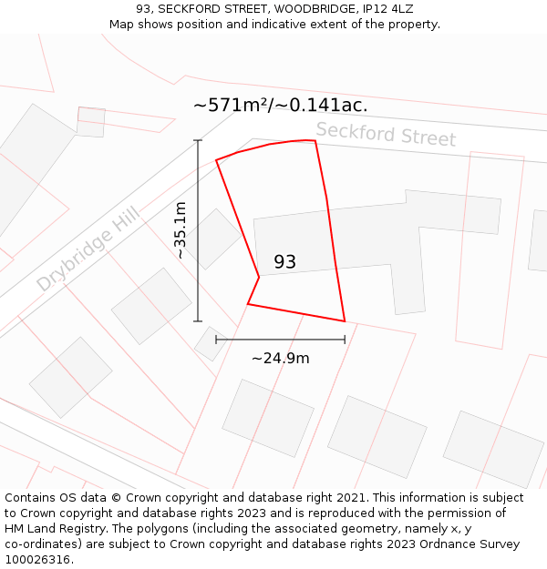 93, SECKFORD STREET, WOODBRIDGE, IP12 4LZ: Plot and title map