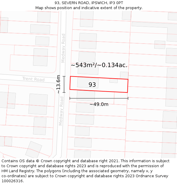 93, SEVERN ROAD, IPSWICH, IP3 0PT: Plot and title map