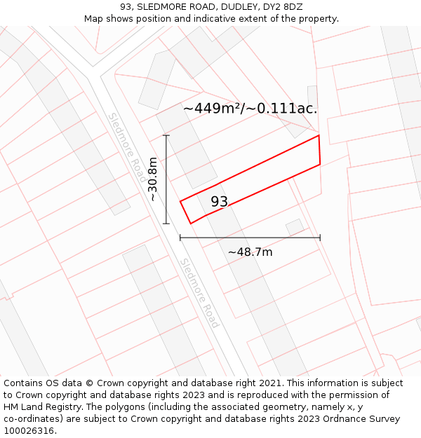 93, SLEDMORE ROAD, DUDLEY, DY2 8DZ: Plot and title map
