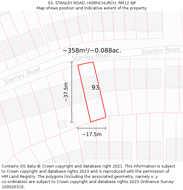 93, STANLEY ROAD, HORNCHURCH, RM12 4JP: Plot and title map