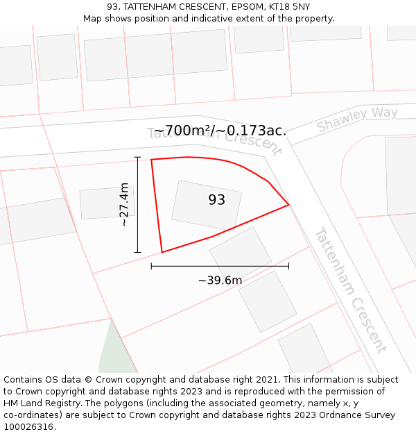 93, TATTENHAM CRESCENT, EPSOM, KT18 5NY: Plot and title map