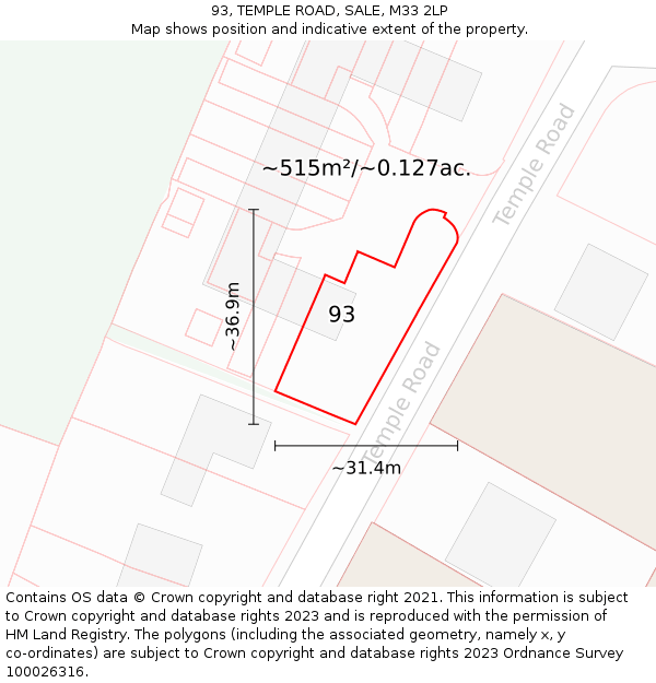 93, TEMPLE ROAD, SALE, M33 2LP: Plot and title map