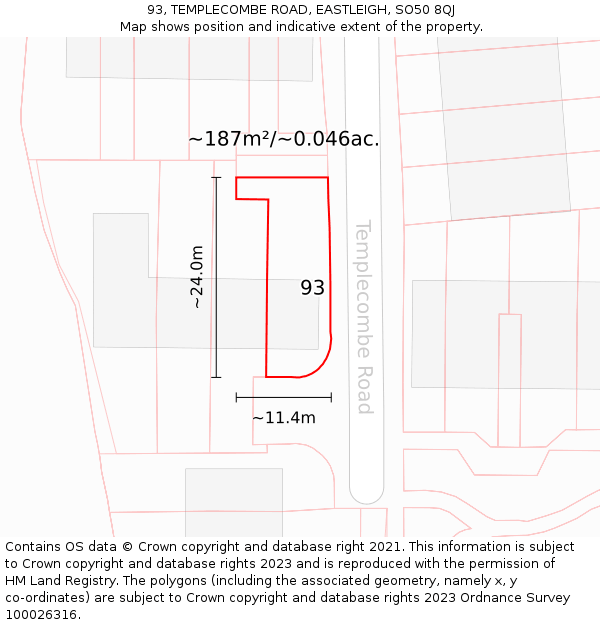 93, TEMPLECOMBE ROAD, EASTLEIGH, SO50 8QJ: Plot and title map