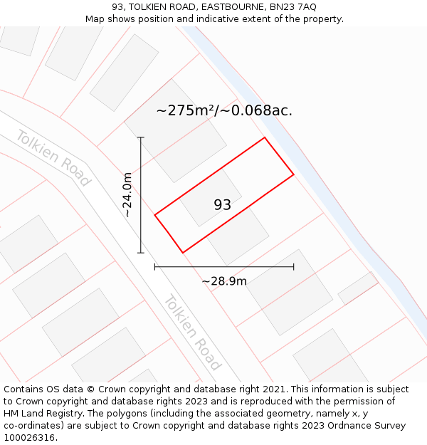 93, TOLKIEN ROAD, EASTBOURNE, BN23 7AQ: Plot and title map