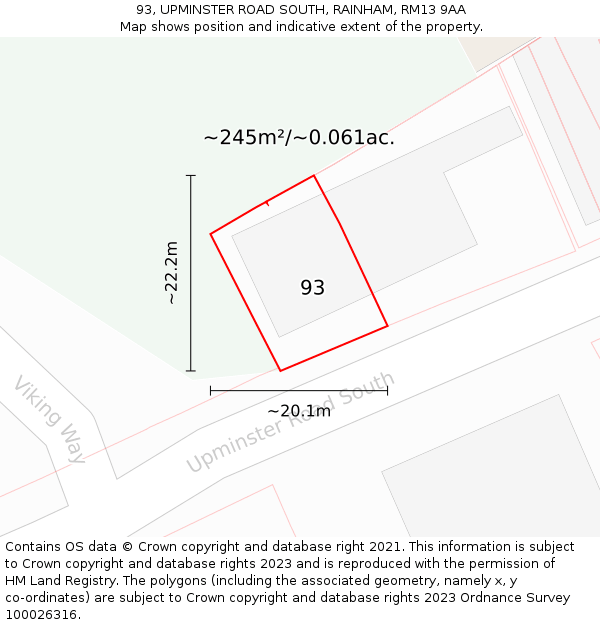 93, UPMINSTER ROAD SOUTH, RAINHAM, RM13 9AA: Plot and title map