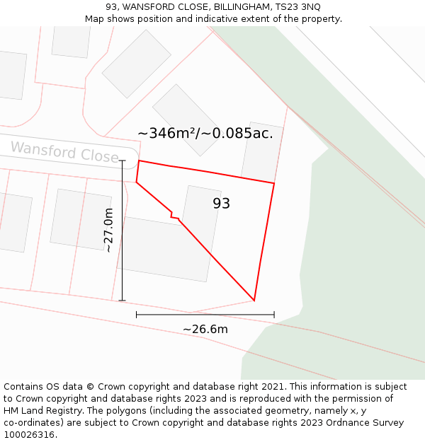 93, WANSFORD CLOSE, BILLINGHAM, TS23 3NQ: Plot and title map