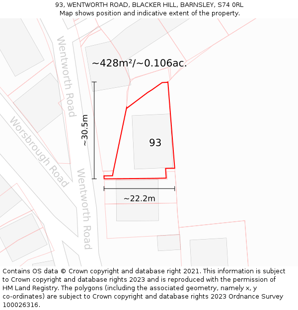 93, WENTWORTH ROAD, BLACKER HILL, BARNSLEY, S74 0RL: Plot and title map