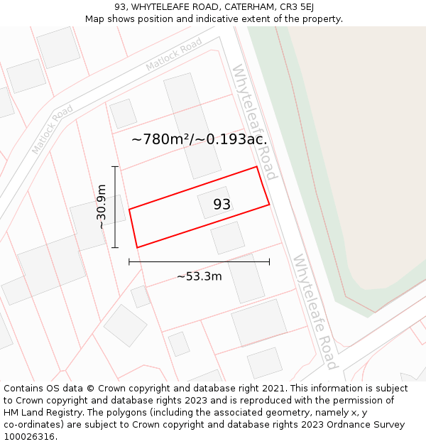 93, WHYTELEAFE ROAD, CATERHAM, CR3 5EJ: Plot and title map