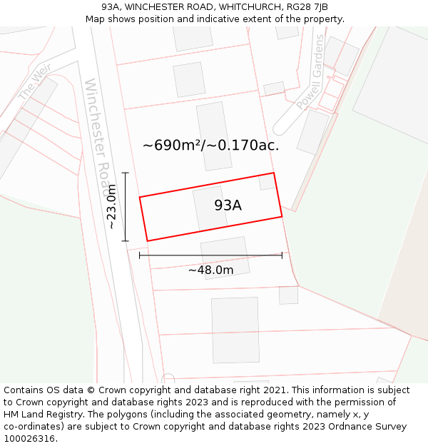 93A, WINCHESTER ROAD, WHITCHURCH, RG28 7JB: Plot and title map