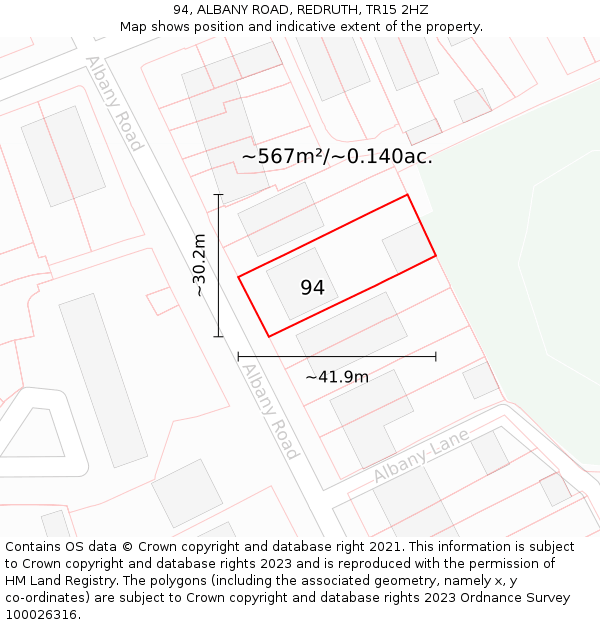 94, ALBANY ROAD, REDRUTH, TR15 2HZ: Plot and title map