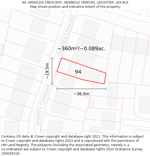 94, ARNOLDS CRESCENT, NEWBOLD VERDON, LEICESTER, LE9 9LA: Plot and title map