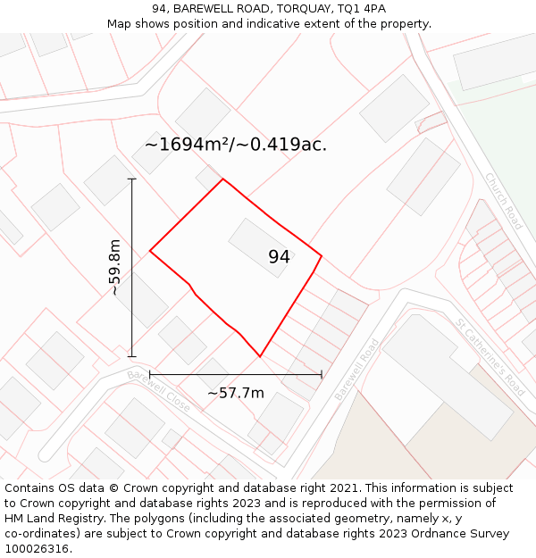 94, BAREWELL ROAD, TORQUAY, TQ1 4PA: Plot and title map