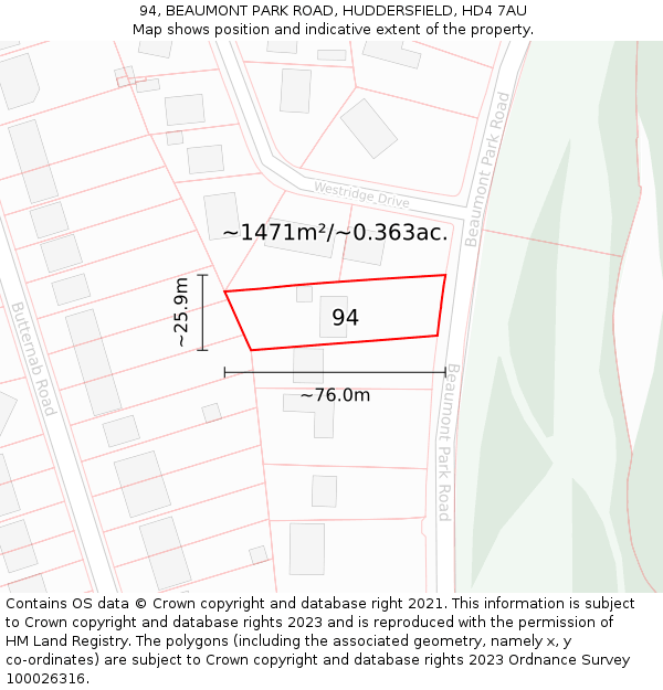 94, BEAUMONT PARK ROAD, HUDDERSFIELD, HD4 7AU: Plot and title map