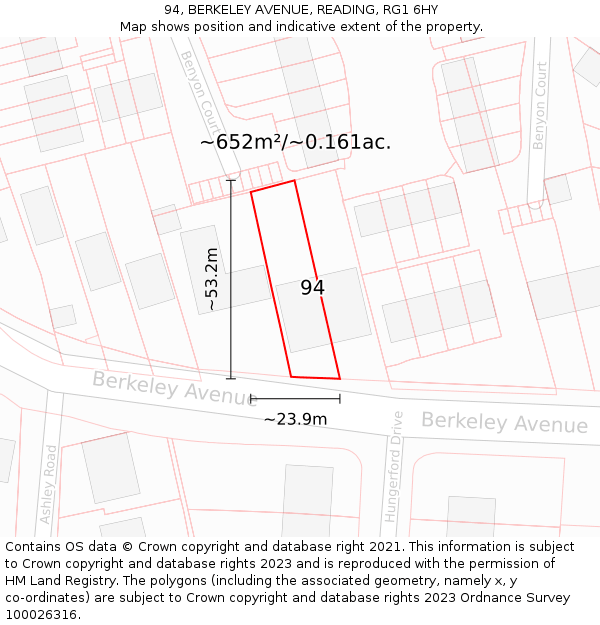 94, BERKELEY AVENUE, READING, RG1 6HY: Plot and title map