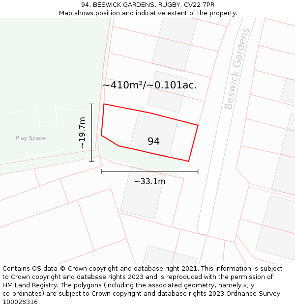 94, BESWICK GARDENS, RUGBY, CV22 7PR: Plot and title map