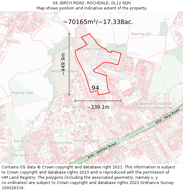 94, BIRCH ROAD, ROCHDALE, OL12 9QN: Plot and title map