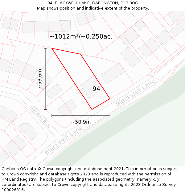 94, BLACKWELL LANE, DARLINGTON, DL3 8QG: Plot and title map