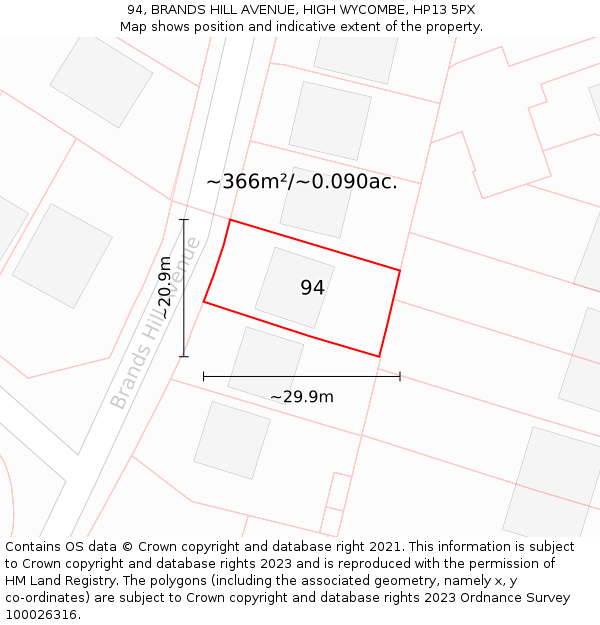 94, BRANDS HILL AVENUE, HIGH WYCOMBE, HP13 5PX: Plot and title map