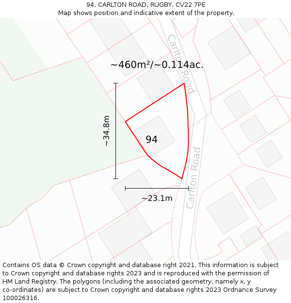 94, CARLTON ROAD, RUGBY, CV22 7PE: Plot and title map