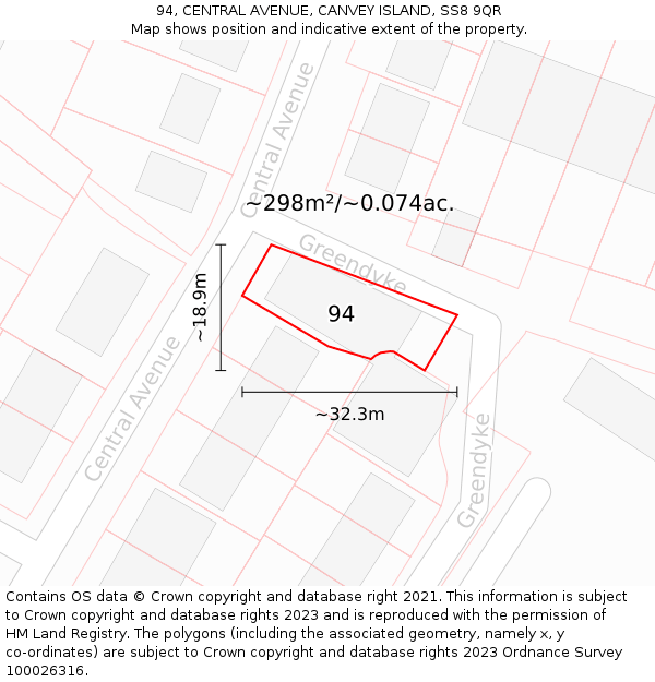 94, CENTRAL AVENUE, CANVEY ISLAND, SS8 9QR: Plot and title map