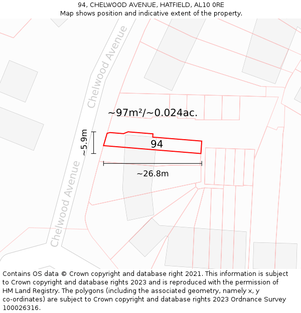 94, CHELWOOD AVENUE, HATFIELD, AL10 0RE: Plot and title map