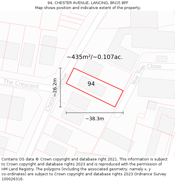 94, CHESTER AVENUE, LANCING, BN15 8PF: Plot and title map
