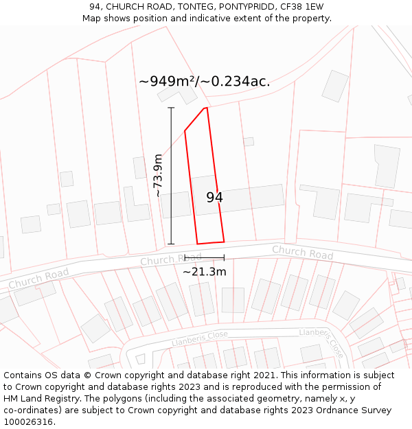 94, CHURCH ROAD, TONTEG, PONTYPRIDD, CF38 1EW: Plot and title map