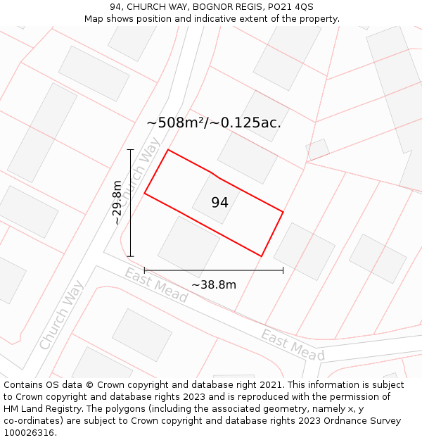 94, CHURCH WAY, BOGNOR REGIS, PO21 4QS: Plot and title map