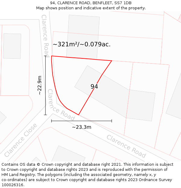 94, CLARENCE ROAD, BENFLEET, SS7 1DB: Plot and title map