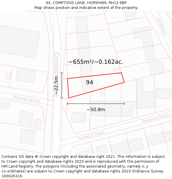 94, COMPTONS LANE, HORSHAM, RH13 6BP: Plot and title map