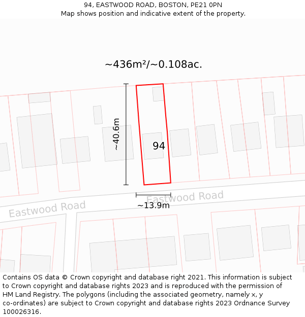 94, EASTWOOD ROAD, BOSTON, PE21 0PN: Plot and title map