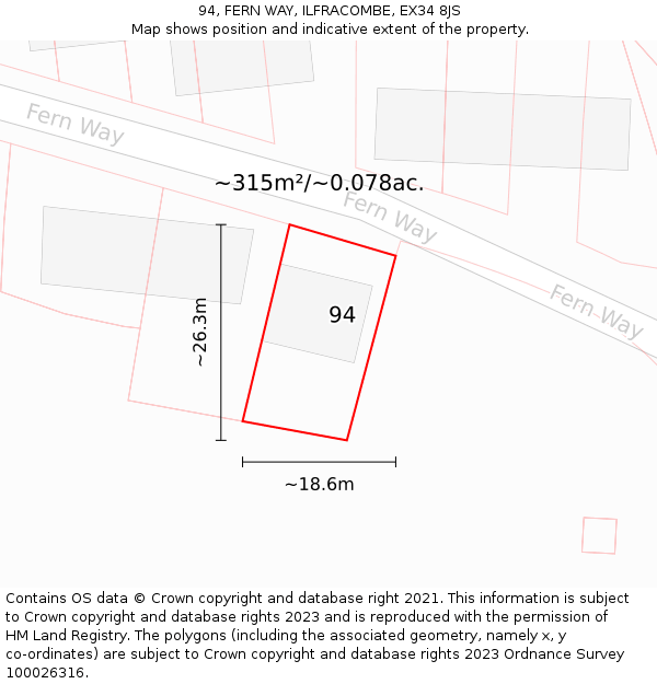 94, FERN WAY, ILFRACOMBE, EX34 8JS: Plot and title map