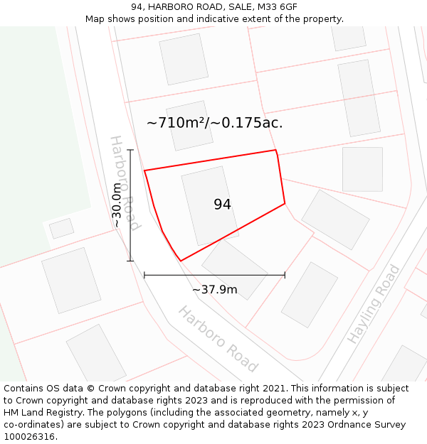 94, HARBORO ROAD, SALE, M33 6GF: Plot and title map