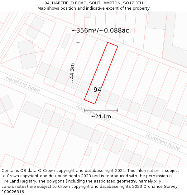 94, HAREFIELD ROAD, SOUTHAMPTON, SO17 3TH: Plot and title map