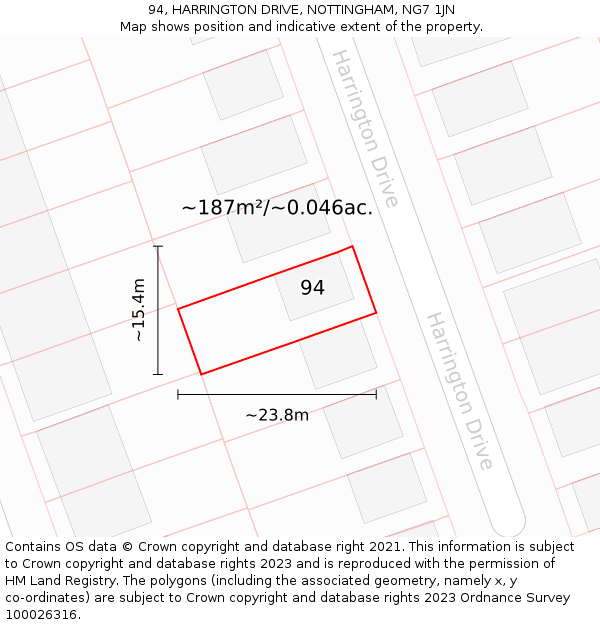 94, HARRINGTON DRIVE, NOTTINGHAM, NG7 1JN: Plot and title map