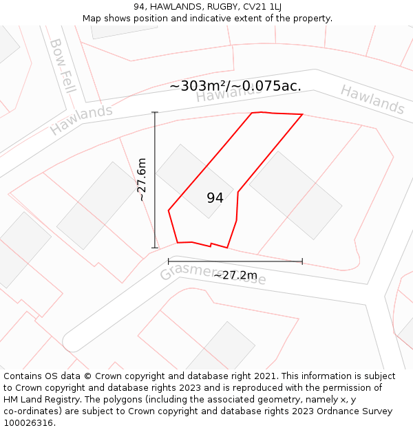 94, HAWLANDS, RUGBY, CV21 1LJ: Plot and title map