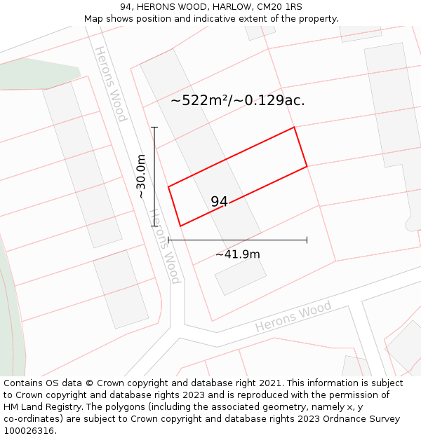 94, HERONS WOOD, HARLOW, CM20 1RS: Plot and title map
