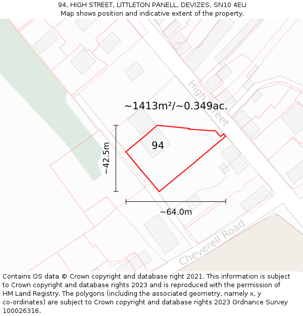 94, HIGH STREET, LITTLETON PANELL, DEVIZES, SN10 4EU: Plot and title map