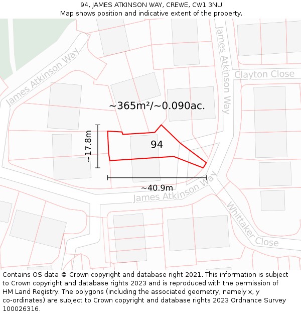 94, JAMES ATKINSON WAY, CREWE, CW1 3NU: Plot and title map