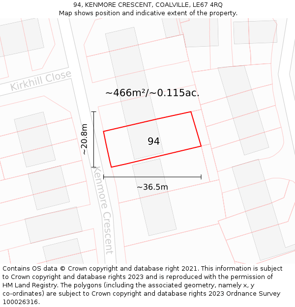 94, KENMORE CRESCENT, COALVILLE, LE67 4RQ: Plot and title map