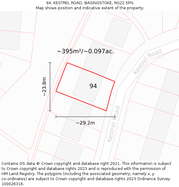 94, KESTREL ROAD, BASINGSTOKE, RG22 5PN: Plot and title map